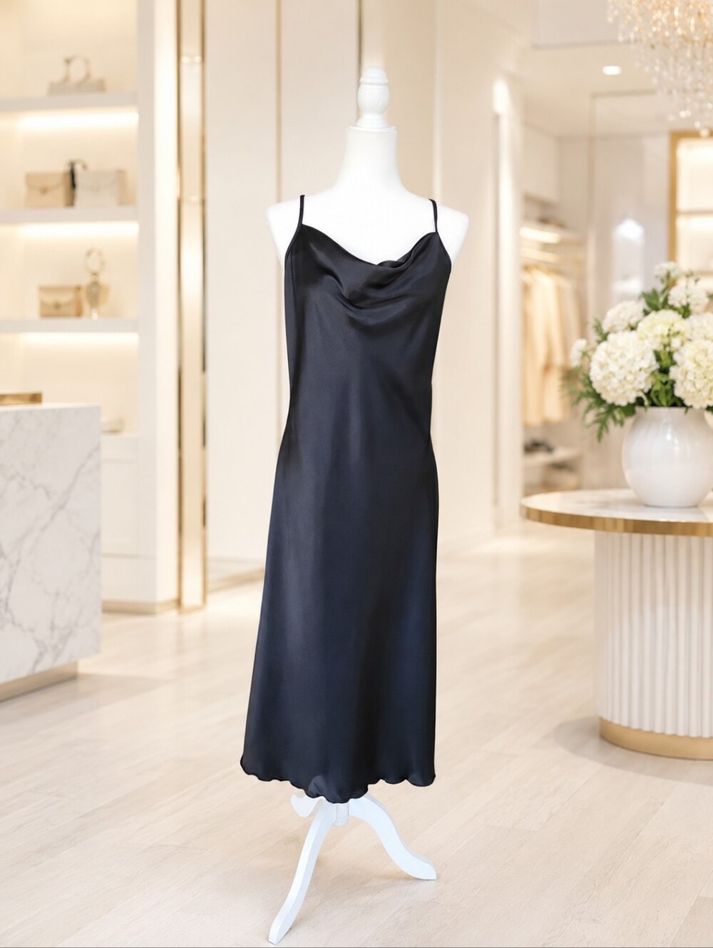 NWT Bebe Black Satin Slip Midi Dress Cowl Neck Spaghetti Strap L